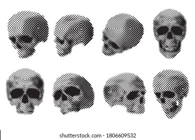 Sammlung von Vektorsilhouetten von menschlichen Schädel in Gravur monochrome Linie Stil. Einzeln auf weißem Hintergrund. Design-Element für Druck, Karte, Abdeckung, Poster.