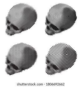 Colección de siluetas vectoriales de cráneos humanos en el estilo de línea monocromo grabado. Aislado sobre fondo blanco. Elemento de diseño para impresión, tarjeta, portada, afiche.