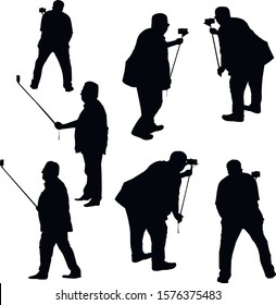 Collection of vector silhouettes. Isolated illustration. A cheerful, full man in various poses photographs himself. Selfie stick. black and white illustration.