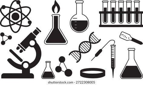 Colección de siluetas de Vector para la ciencia de laboratorio incluye microscopio de estructura atómica Erlenmeyer frasco tubos de ensayo pipeta hélice de ADN Bunsen quemador y varios modelos moleculares para uso educativo
