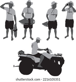 Collection of vector silhouettes of a lifeguard in different poses and on a quad bike