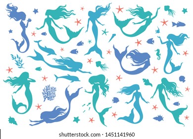 Collection of vector silhouettes of mermaids and sea life