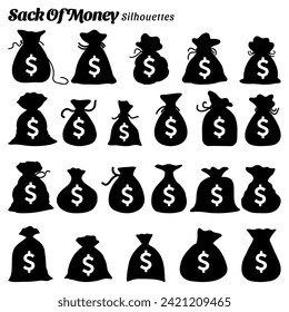 Collection of vector silhouettes of money sacks.