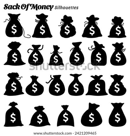 Collection of vector silhouettes of money sacks.