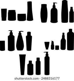 Collection of vector silhouettes of packaging for a cosmetic product. Tube of cream, bottle with dispenser or spray, oil, lotion or shampoo, shower gel and liquid soap isolated on a white background.