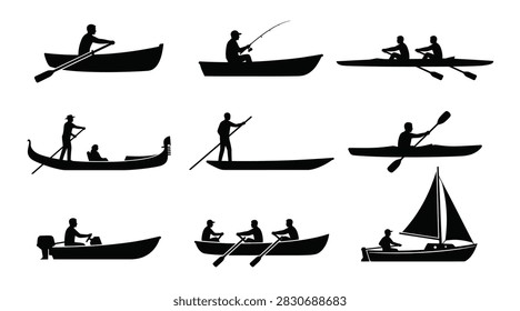 Collection of vector silhouettes representing different boats, kayaks, canoes, gondolas, and sailboats with human figures.