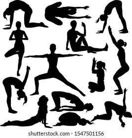 Collection of vector silhouettes of slim girls doing yoga isolated on white background. Black icon of women doing stretching.