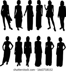 Collection of vector silhouettes of slim girls in different clothes isolated on white background