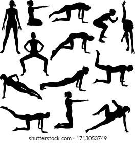 Collection of vector silhouettes of slim girls doing warm up exercise. Set of black icons of women doing sports exercises at home. Isolated vector illustration. 
