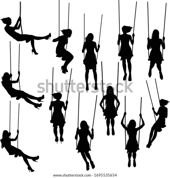 Collection Of Vector Silhouettes Of Slim Girls Swinging On A Swing Black Icons Of Women Seated 0730