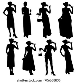 Colección de siluetas vectoriales de una delgada chica sexy en un vestido con vino de la mano. Mujer en la noche vestida tomando vino de vidrio.
