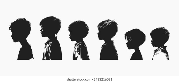 a collection of vector silhouettes of small children seen from the side. Silhouette of little girl on white background. Boy silhouette