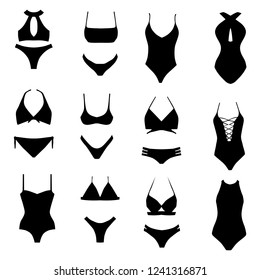 Collection of vector silhouettes of swimsuits merged and separate isolated on white background. Swimsuits icons set.