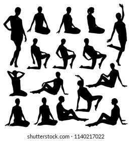 Collection of vector silhouettes of thin girls in short dresses in various poses without hair