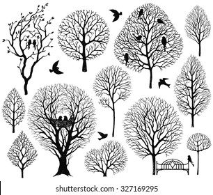 Collection of vector silhouettes of trees and birds, hand-drawn illustration.