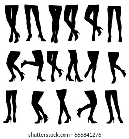 Collection of vector silhouettes of various beautiful female legs isolated on white background. Slim women's legs in high-heeled shoes