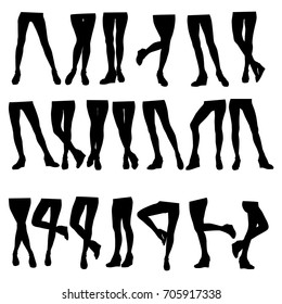 Collection of vector silhouettes of various beautiful female legs isolated on white background. Slim women's legs in shoes on a high platform.