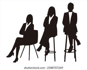 Collection of vector silhouettes of woman on white background. Collection of Different Business Woman Pose Sit Down. Perfect symbol for your web site design, logo, app, UI. Vector illustration, EPS