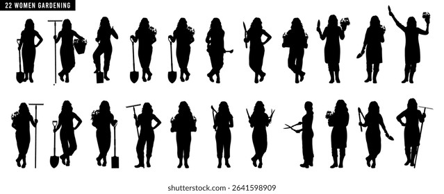 Collection of vector silhouettes of women doing gardening activities. Planting, watering, harvesting, and caring for plants in a minimalist and elegant style.