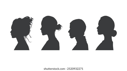 Collection of vector silhouettes of women side view. Female silhouette with proportional vector and best quality. Silhouette collection isolated on white background. Women's silhouette design elements