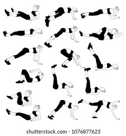 Collection of vector silhouettes of young woman doing sport exercises in lying position. Slim sportive girl black profile isolated on white background. Fitness workout icon.