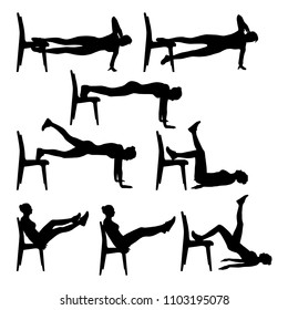 Collection vector silhouettes of young woman doing sport exercises with a chair at home. Fitness workout icon. Slim sport girl black silhouettes isolated on white background.
