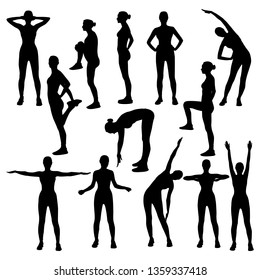 Collection vector silhouettes of young woman doing sport exercises in standing position. Slim sportive girl black profile isolated on white background. Healthy life style. 