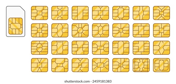 Collection Of Vector Sim Card, Featuring Unique Patterns, All Arranged Neatly In Rows Isolated On White Background