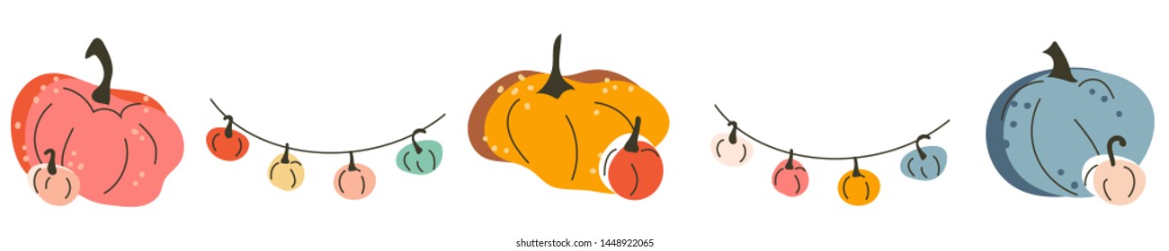 Collection of vector simple illustrations in flat sketchy style. Pastel color pumpkins made as autumn traditional decorations, free hand drawn october garlands, fall harvest doodle design.