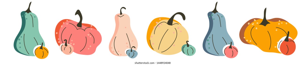 Collection of vector simple illustrations in flat sketchy style. Pastel color pumpkins made as autumn traditional decorations, free hand drawn october garlands, fall harvest doodle design.