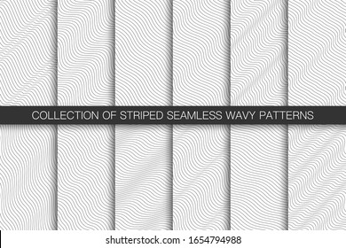 Collection of vector simple seamless curve outline patterns. Striped endless wave texture. White repeatable minimalistic backgrounds with black wavy lines