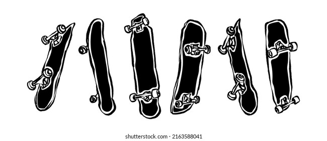 Collection of vector skateboards isolated on white background. Hand drawing, sketch.
