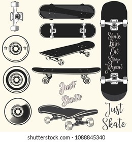 Collection of vector skateboards and quotes