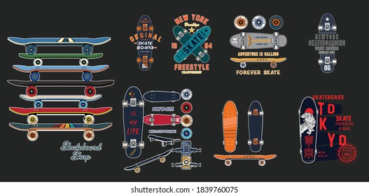 Collection of vector skateboards in vintage style