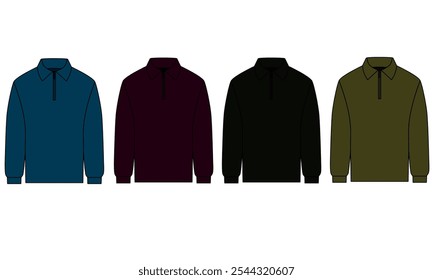 Collection of vector sketch patterns of classic long sleeved polo shirt with zipper closure. Set of sketches of long sleeve polo shirt, blue, burgundy, gray, khaki colors isolate on white background.