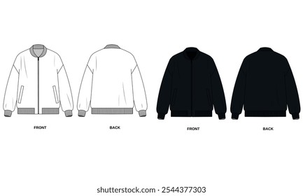 Collection of vector sketches of classic bomber jacket with pockets, zipper, front and back view. Set of sketch templates of bomber jacket white and black color isolate on white background.