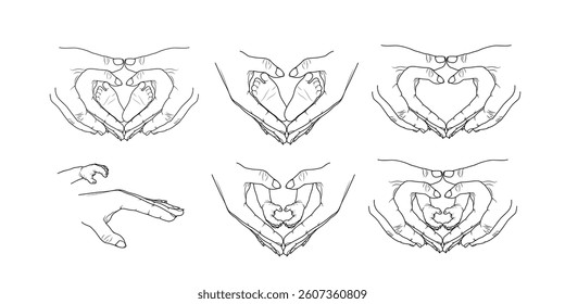 Collection of vector sketches of drawings of hands, wrists, fingers of adults and babies. Children's hands and feet in the palms of mom and dad. Women's and men's hands folded in the form of a heart.