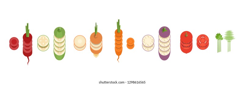 Collection of vector sliced vegetables, beets, Zucchini, onions, carrots, eggplant, tomato. Graphical parsley and dill.