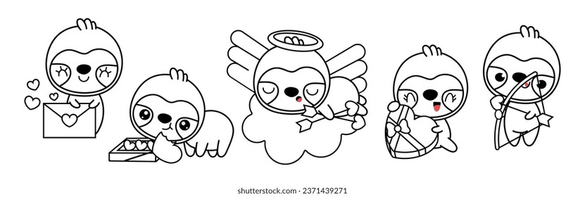 Collection of Vector Sloth Outline Art. Set of Isolated Animal Coloring Page Illustration. Cute Vector Animals in Love for Coloring Book 