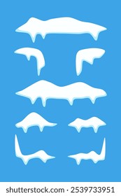 Collection of vector snow elements in various shapes on blue background.