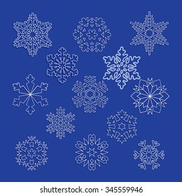 collection of vector snowflakes, blue snowflakes, blue snowflakes on a white background