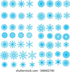collection of vector snowflakes, blue snowflakes on white background
