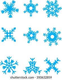 collection of vector snowflakes, blue snowflakes, blue snowflakes on a white background, collection of different blue snowflakes on white background