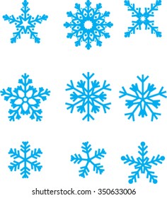 collection of vector snowflakes, blue snowflakes, blue snowflakes on a white background, collection of different blue snowflakes on white background