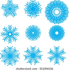 collection of vector snowflakes, blue snowflakes, blue snowflakes on a white background, collection of different blue snowflakes on white background