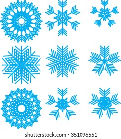 collection of vector snowflakes, blue snowflakes, blue snowflakes on a white background, collection of different blue snowflakes on white background