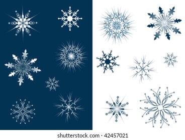 Collection of vector snowflakes in blue and white background