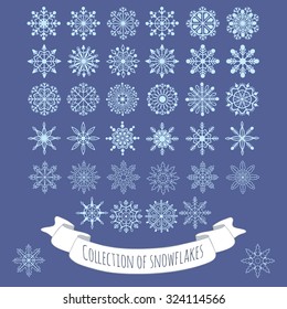 Collection of vector of snowflakes. Set of 36 of icons can be used for winter and Christmas backgrounds. Stock Vector isolated illustration.