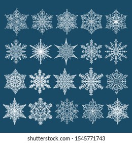 Collection of vector snowflakes. Set of twenty white winter icons on a blue background.