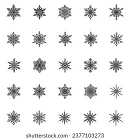Colección de copos de nieve vectoriales. Juego de veinticinco iconos de invierno sobre fondo blanco. Símbolo de Navidad y Año Nuevo. Patrón de hielo de apertura. 